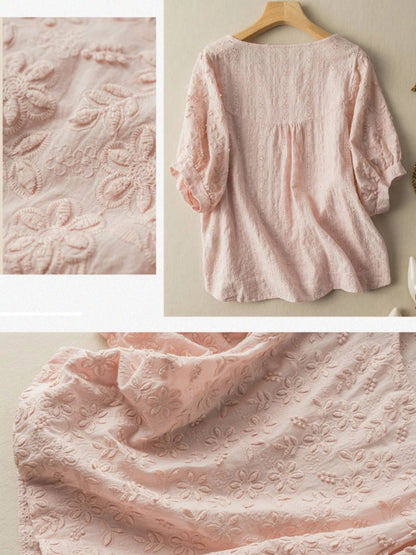 Embroidered Round Neck Half Sleeve Casual Linen Tee Top
