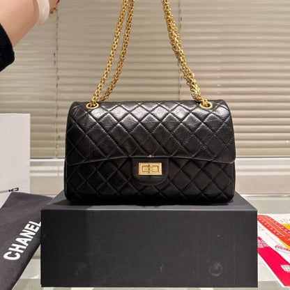 CHANEL 2.55 HANDBAG GOLD TONE METAL BLACK 24CM A37586 Y04634 C3906