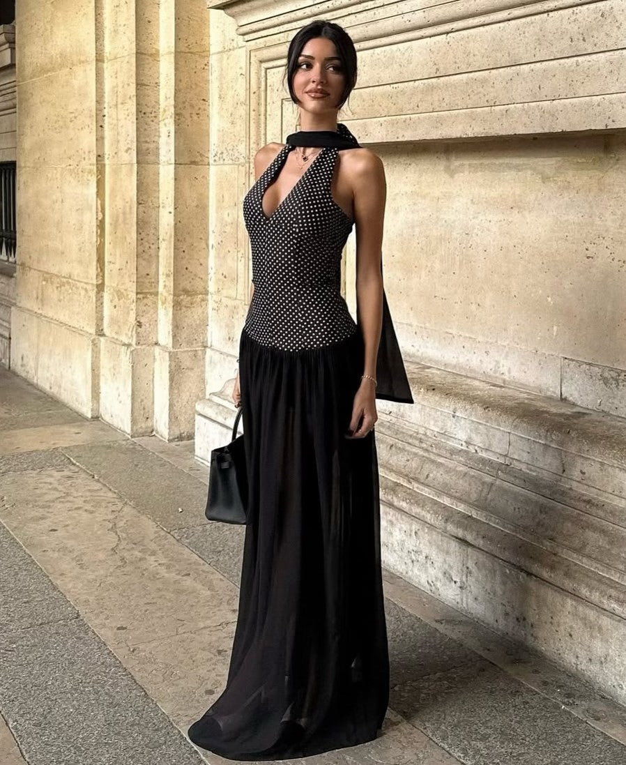 Black & White Polka Dot Halter Tie Detail Party Maxi Dress
