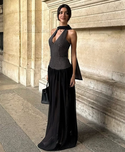 Black & White Polka Dot Halter Tie Detail Party Maxi Dress