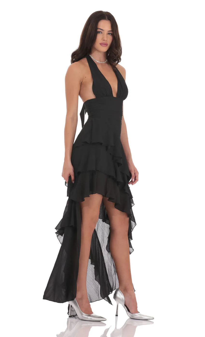 Asymmetrical Ruffle Maxi Dress in Black