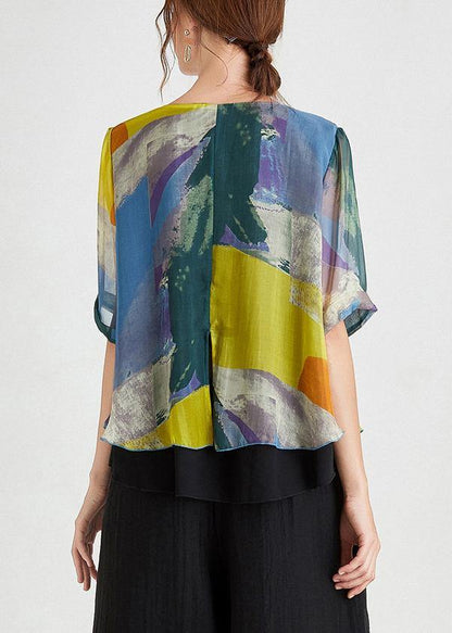 Stylish Yellow Blue Half Sleeve Chiffon Summer Shirt