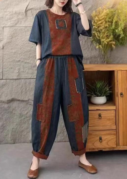 Vintage Navy Patchwork Applique Denim Two Pieces Set Oversized Summer