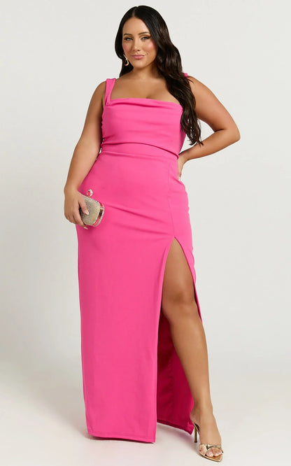 Donna Maxi Dress - Cowl Neck Column High Split Dress In Hot Pink
