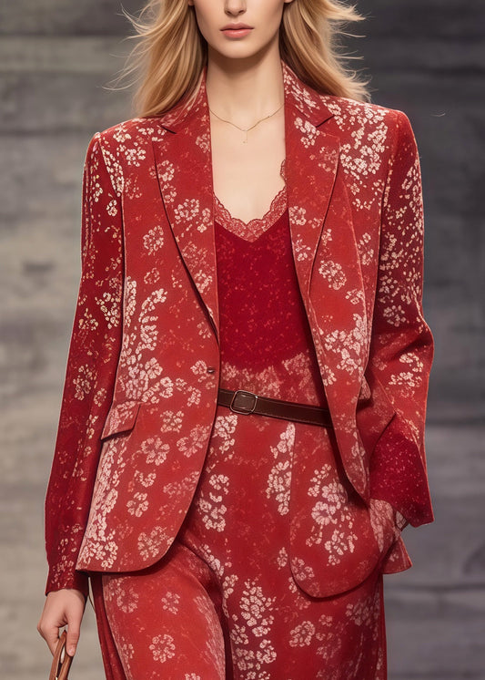 Beautiful Red Notched Print Spandex Coats And Jumpsuits Two Pieces Set Spring