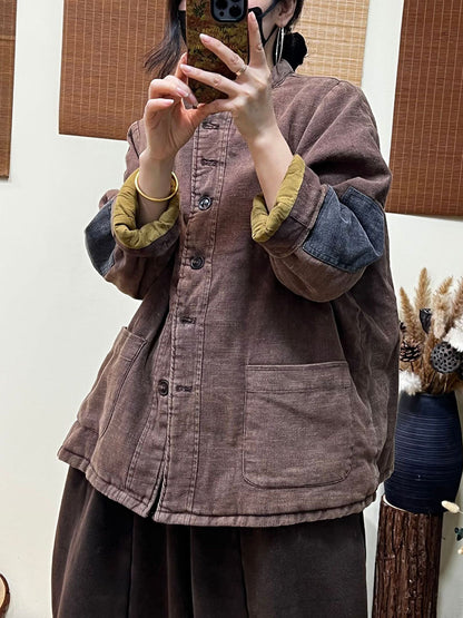 Vintage Casual Patchwork Single Breasted Thick Coat