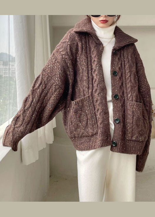Fashion Coffee Peter Pan Collar Button Knit Winter Coat