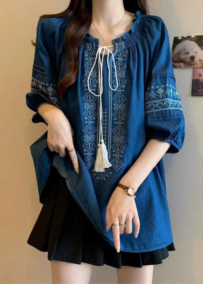 Boho Navy Ruffled Embroidered Cotton Blouses Bracelet Sleeve