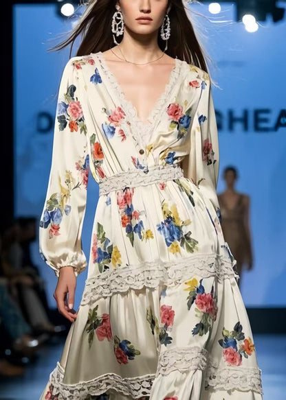 DIY Apricot Print Lace Patchwork Silk Holiday Dress Spring