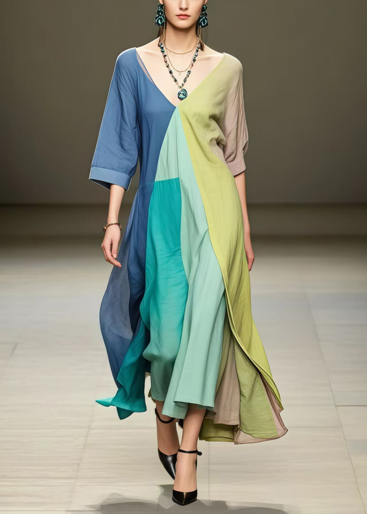 Chic Colorblock Asymmetrical Exra Large Hem Cotton Maxi Dresses Summer