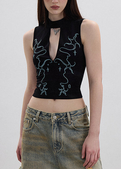 Chic Black Hollow Out Embroidered Cotton Tank Sleeveless