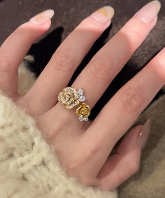 Antique Gold Zircon Floral Snake Rings Two Piece Set