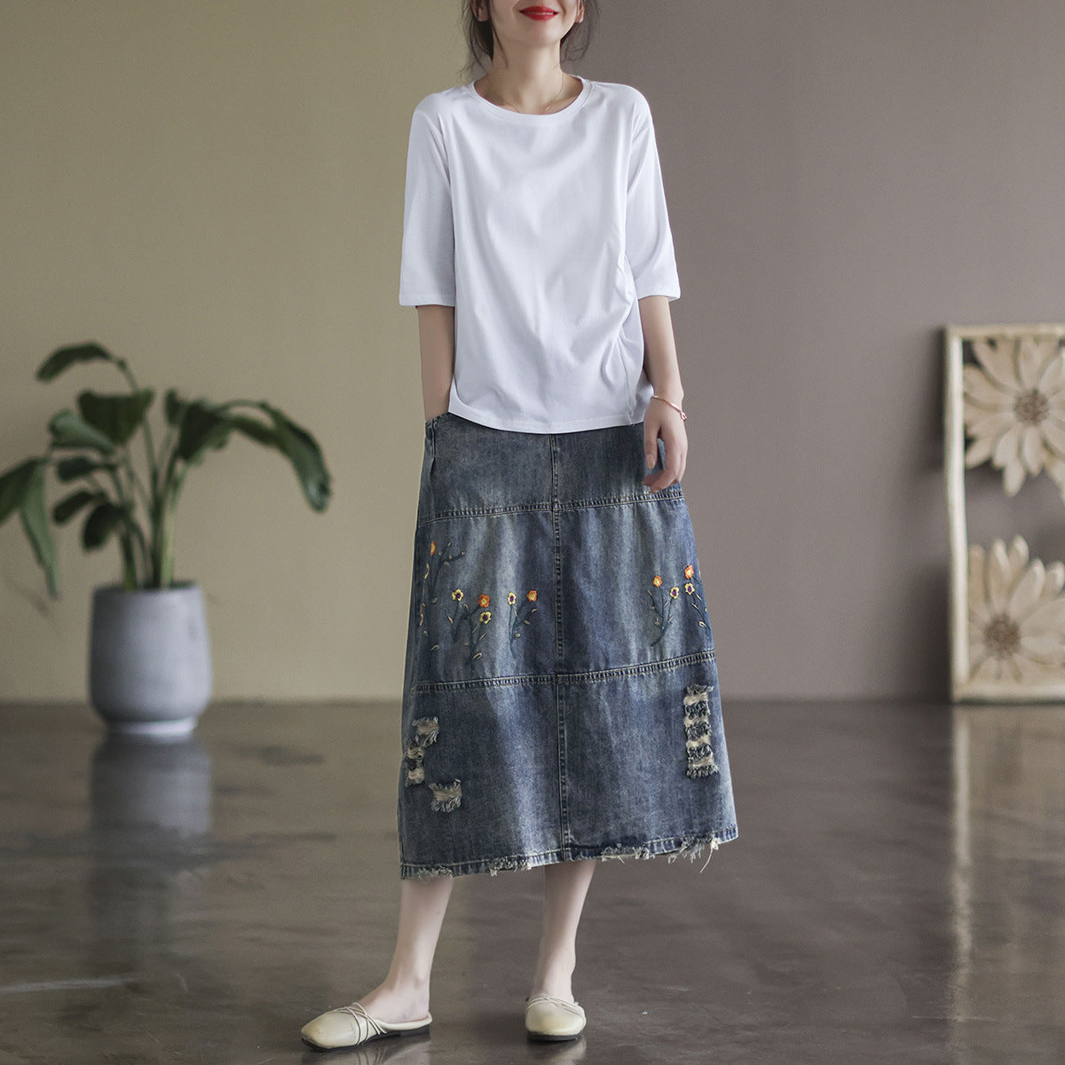 Vintage Denim Shredded Embroidered A-Line Skirt