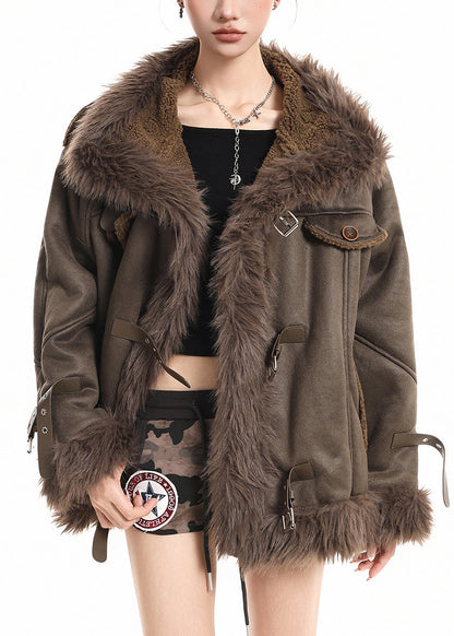 Plus Size Brown Faux Fox Collar Patchwork Warm Fleece Trench Winter