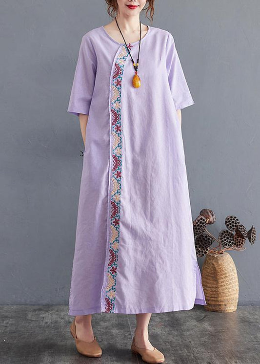 Comfy Comfy Light Purple Embroidery Cotton Linen Maxi Summer Dress