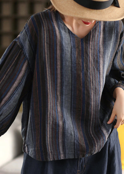 Boho V Neck Striped Loose Linen Shirts Summer