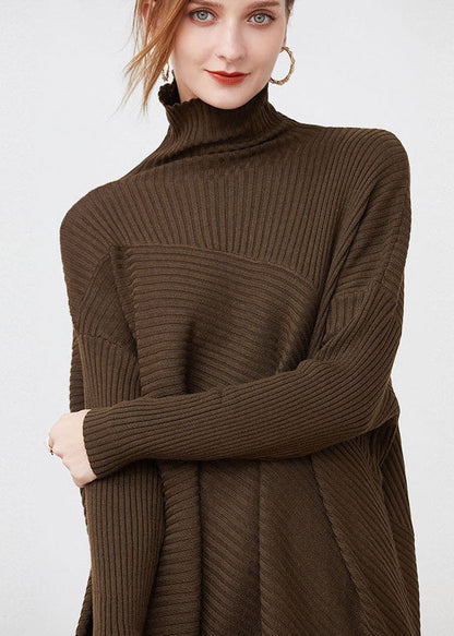 French Coffee Turtle Neck Patchwork Striped Wool Knitted Tops Long Sleeve