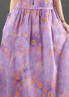 Beautiful o neck drawstring cotton linen summer clothes purple print Dress