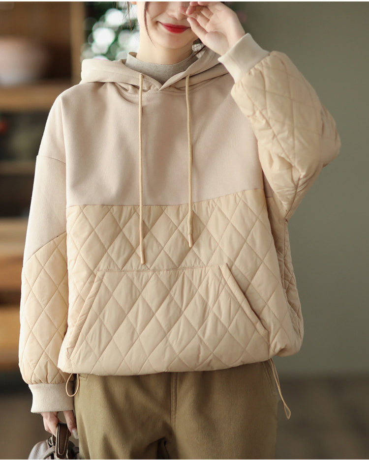 Loose Warm Patchwork Hooded Padded Sweatshirt
