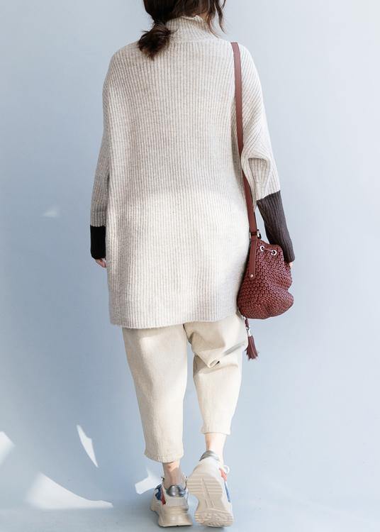 For  beige knitted top plus size high neck knit wear front open