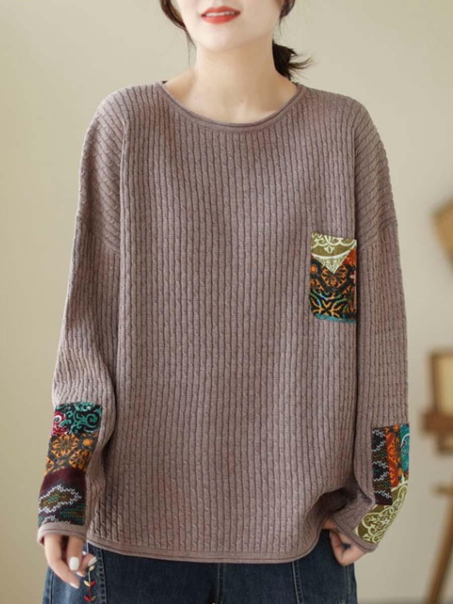 Women Autumn Artsy Knitted Patchwork Loose Sweater