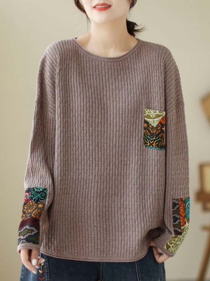 Women Autumn Artsy Knitted Patchwork Loose Sweater