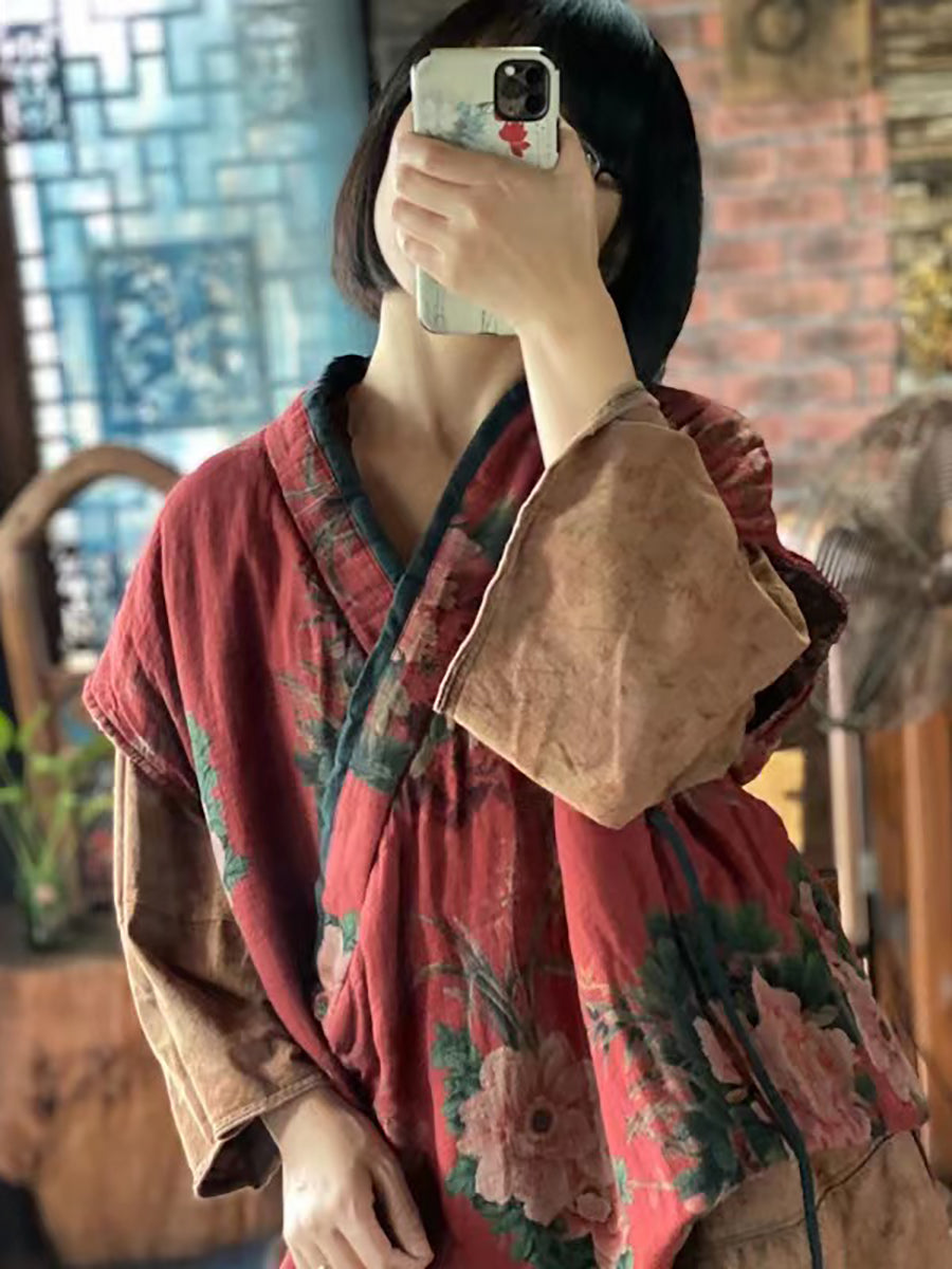 Women Floral Cotton Vintage Loose Waist Coat