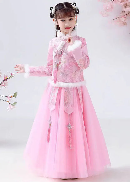 Style Pink Embroideried Warm Fleece Girls Coats And Tulle Maxi Skirts Two Pieces Set Long Sleeve