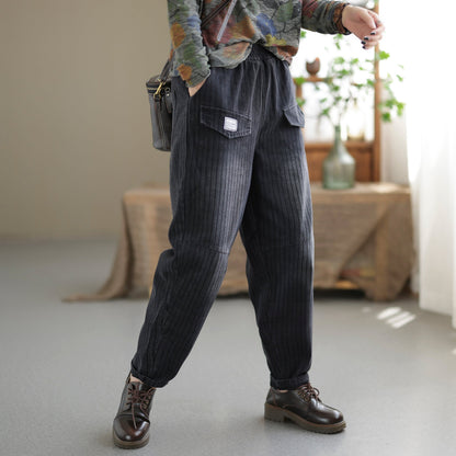 Women Summer Autumn Retro Stripe Cotton Jeans