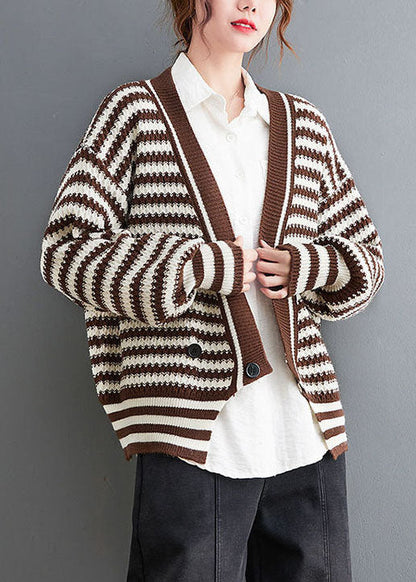 Boho Coffee V Neck Striped Cozy Knit Coat Outwear Spring