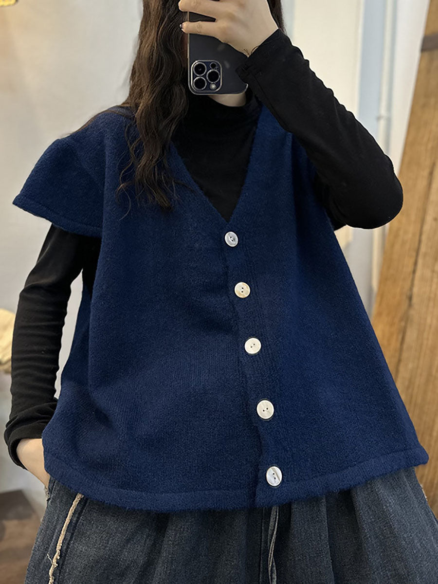 Women Artsy Knitted Button Solid Sleeve Vest