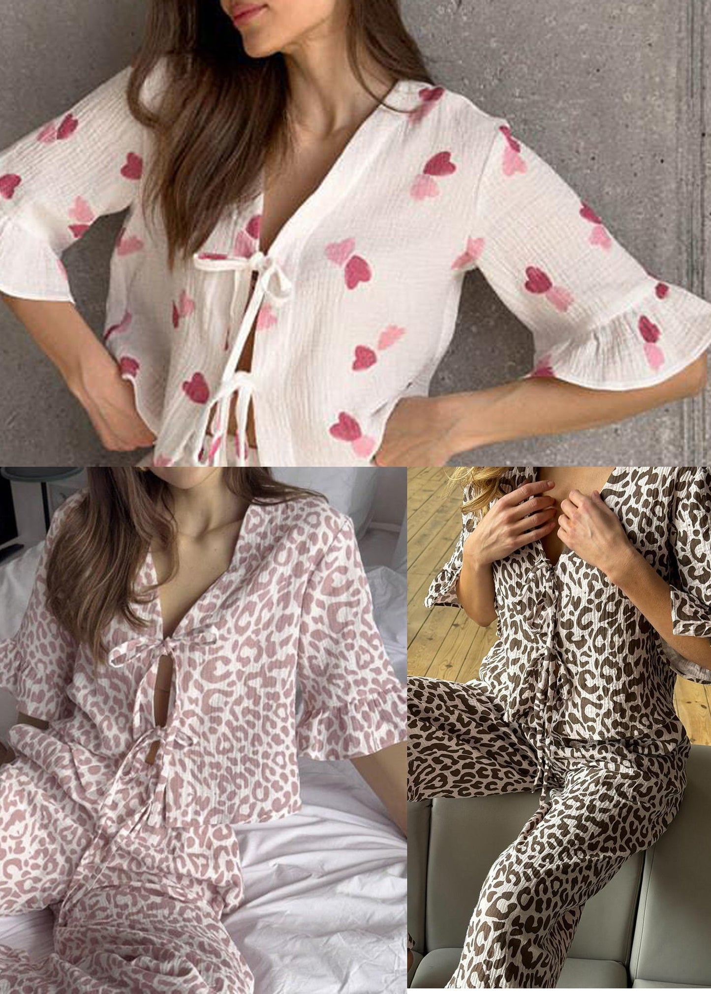 Women Purple Leopard Print Lace Up Cotton Pajama Sets Summer