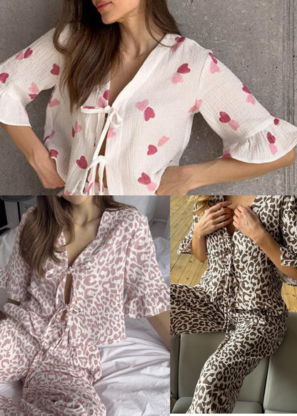 Women Purple Leopard Print Lace Up Cotton Pajama Sets Summer