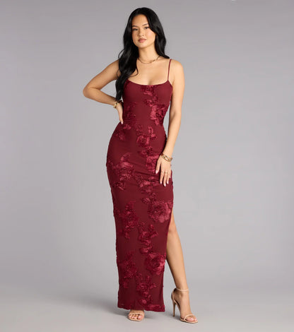 Leona Floral Mesh High Slit Column Dress