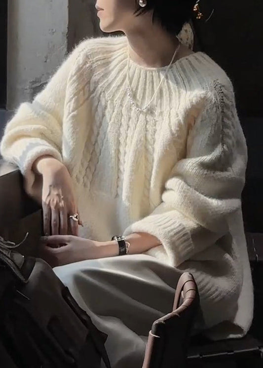 Plus Size Beige O Neck Thick Cozy Cable Knit Sweater Winter