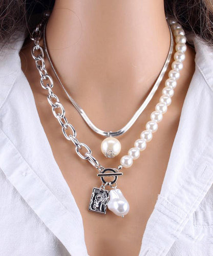 Fashion Gold Chain Pearl Necklace For Women Baroque Pearl Metal Two Piece Set