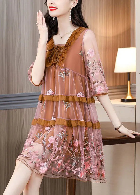 DIY Coffee Embroideried Ruffled Lace Up Organza Dresses Half Sleeve