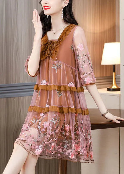 DIY Coffee Embroideried Ruffled Lace Up Organza Dresses Half Sleeve