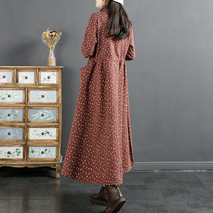 Winter Retro Furred Cotton Linen Floral Dress