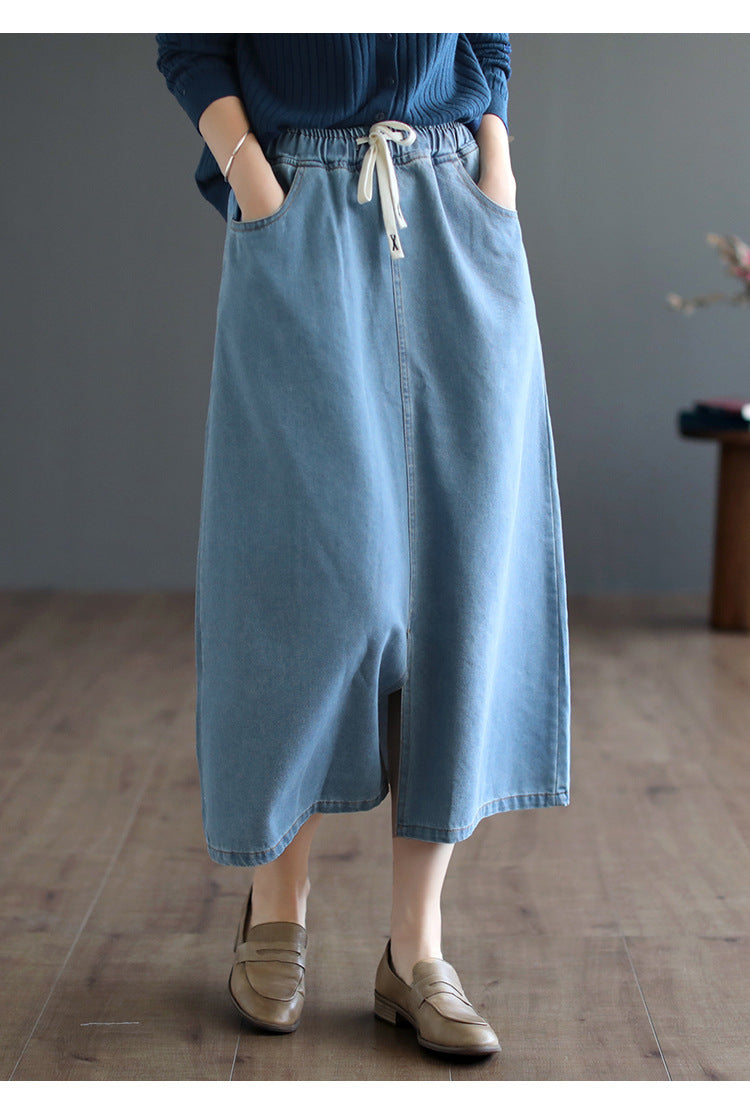Literary All-Match Slit Denim Skirt