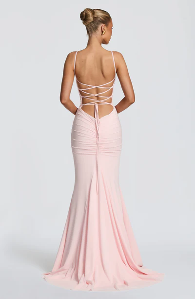 Spaghetti Strap Ruched Lace-Up Back Mermaid Gown