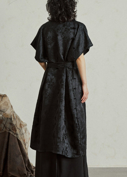 Jacquard Black Tie Waist Solid Silk Maxi Dress Summer
