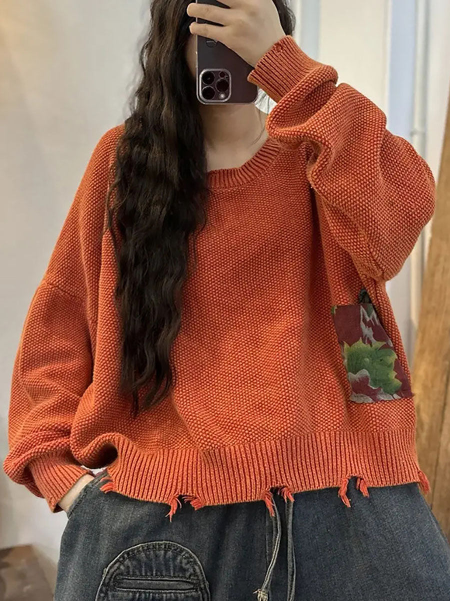 Women Knitted Patch Designs Irreagular Hem Sweater