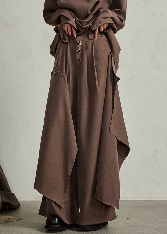 Coffee Pockets High Waist Cotton Pants Skirt Asymmetrical