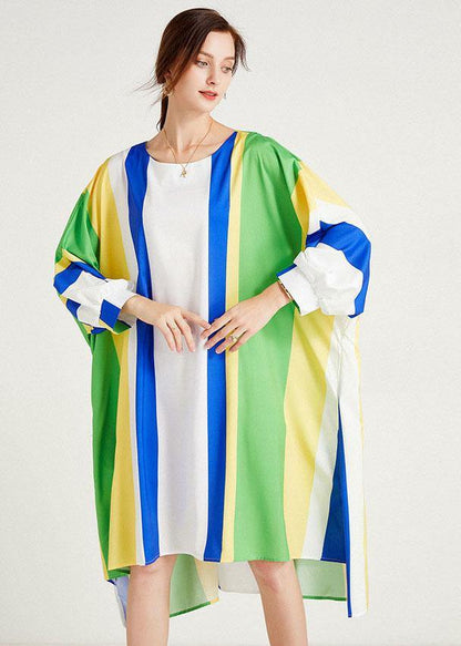 Diy Blue Striped Loose Bat Wing Sleeve Striped Summer Long Sleeve Dress
