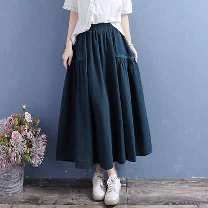 Women Retro Cotton Linen Autumn Pleated Skirt