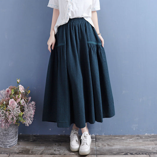 Women Retro Cotton Linen Autumn Pleated Skirt