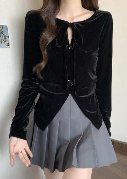 Plus Size Black Side Open Flower Decorated Silk Velour Shirts Fall