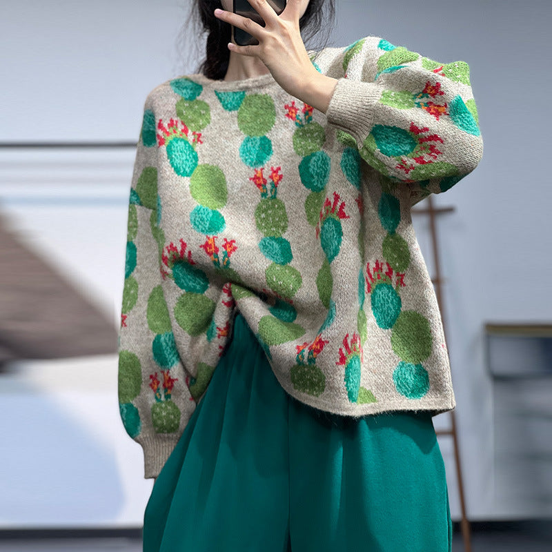 Jacquard Knitted Age Reduction Crew Neck Sweater