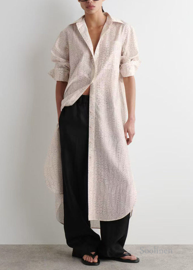 Casual Beige Oversized Print Side Open Long Shirt Dresses Spring